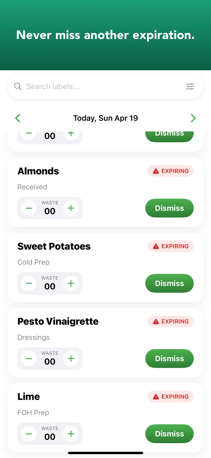 BOH Wiz expiring items list showing prep with dates and 'Expires today' / 'Expires tomorrow' badges