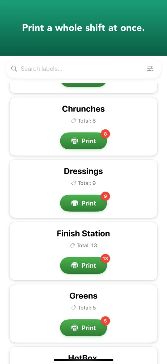 BOH Wiz batch print screen showing prep stations (Crunches, Dressings, Finish Station, Greens) with bulk print counts